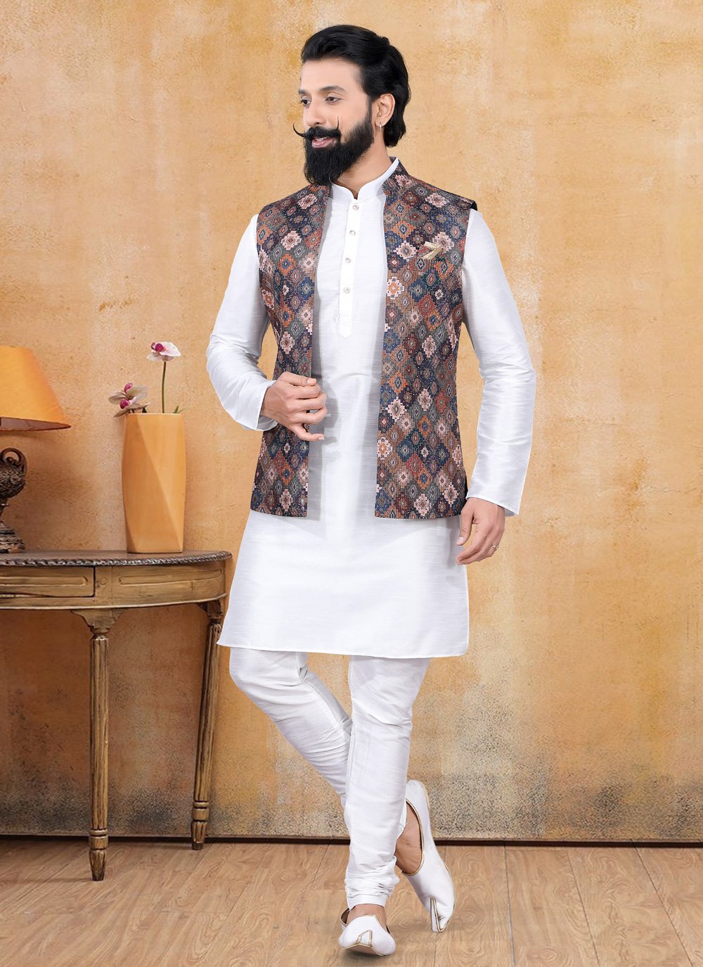 Nehru Jackets Lucknowi Multi Colour Print Mens