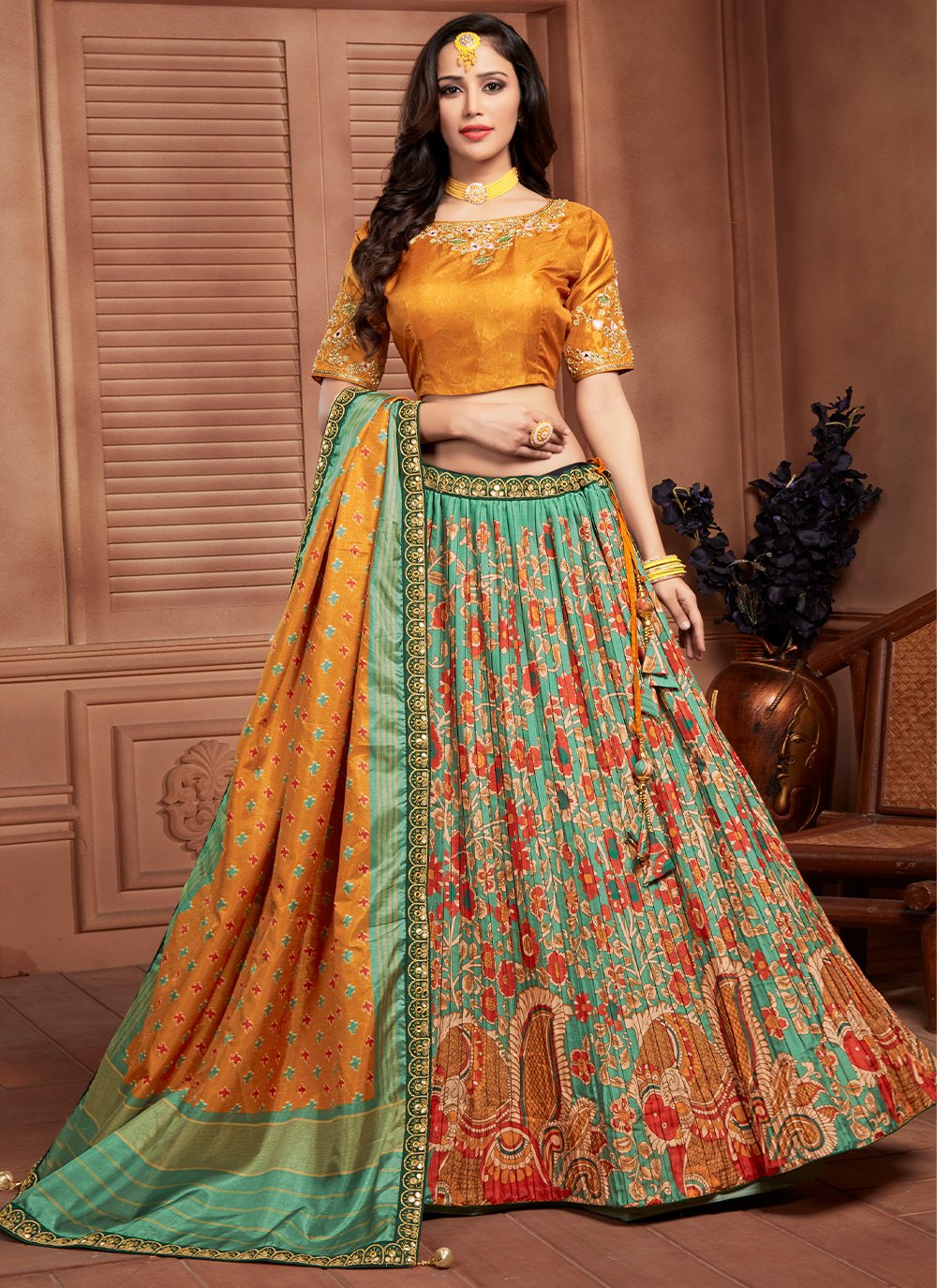 A Line Lehenga Silk Multi Colour Embroidered Lehenga Choli