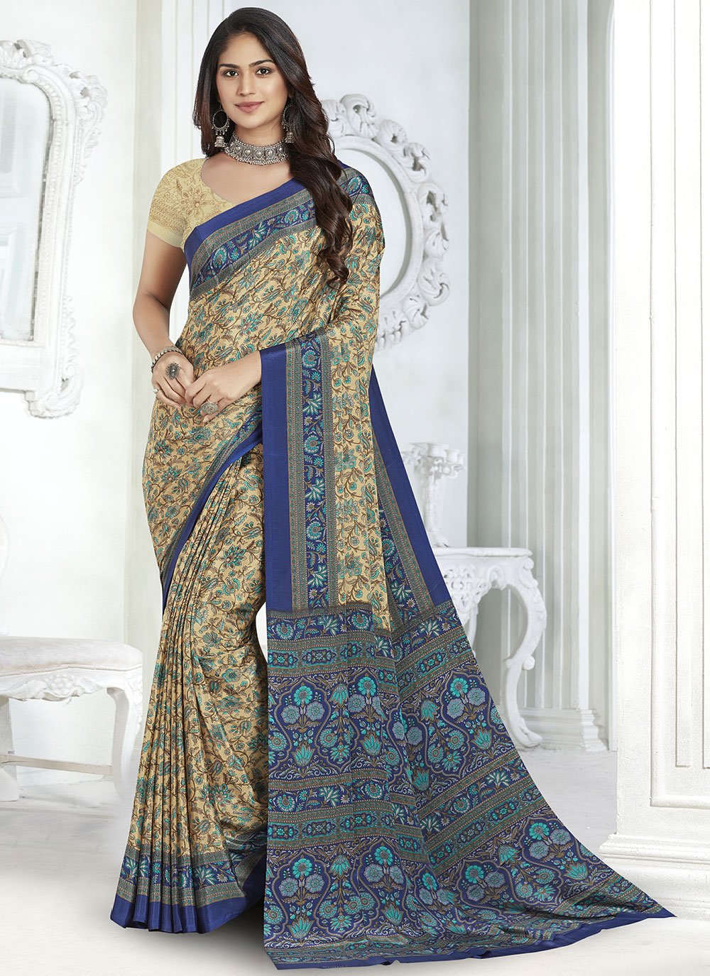 Classic Faux Crepe Multi Colour Print Saree