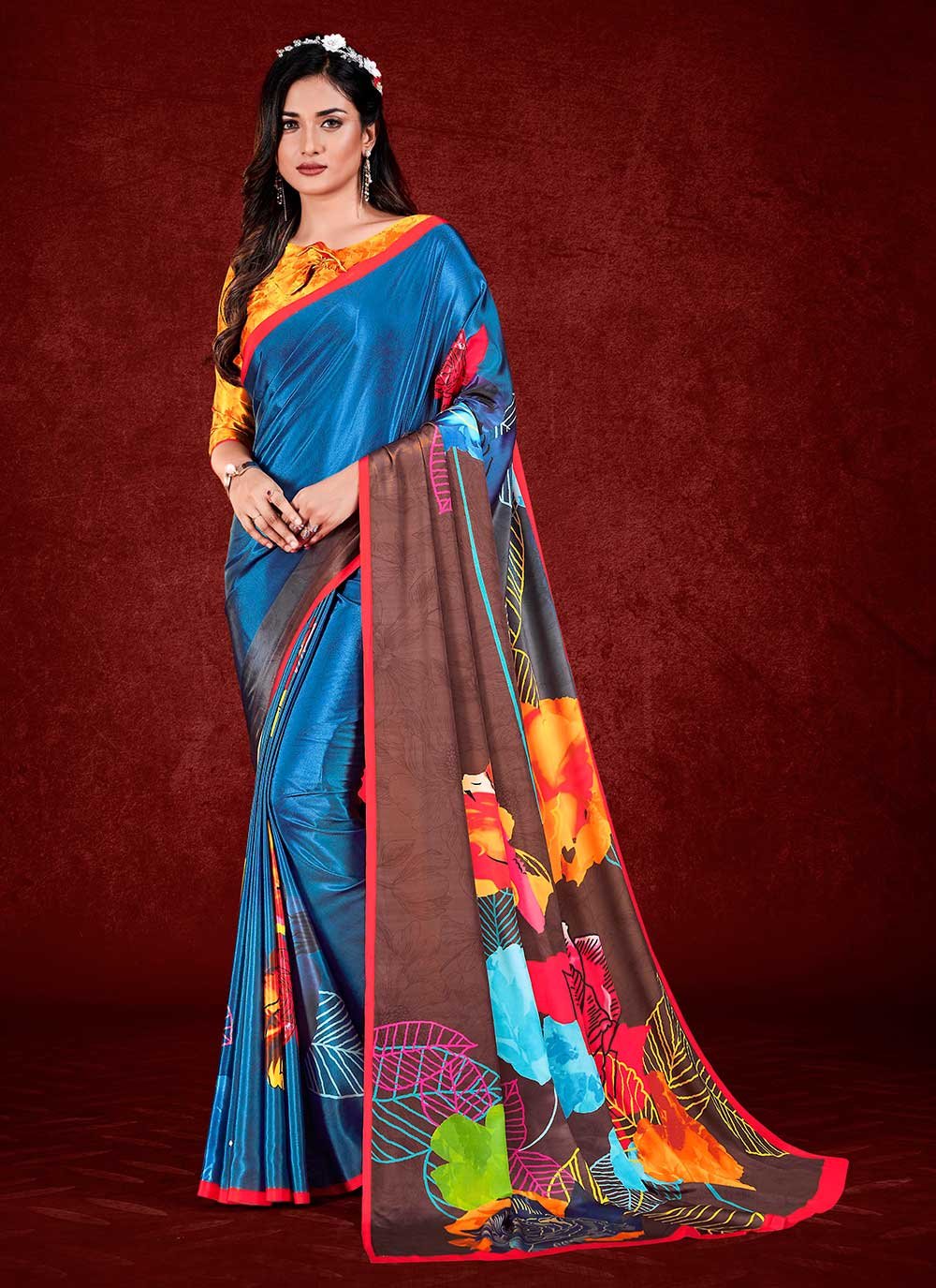 Classic Faux Crepe Multi Colour Print Saree