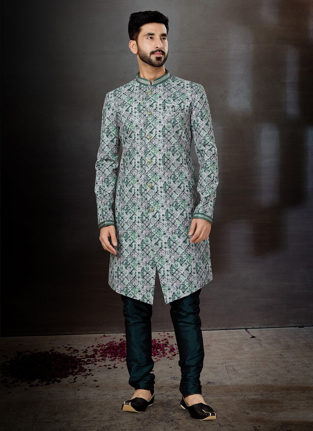 Indo Western Sherwani Jacquard Multi Colour Embroidered Mens