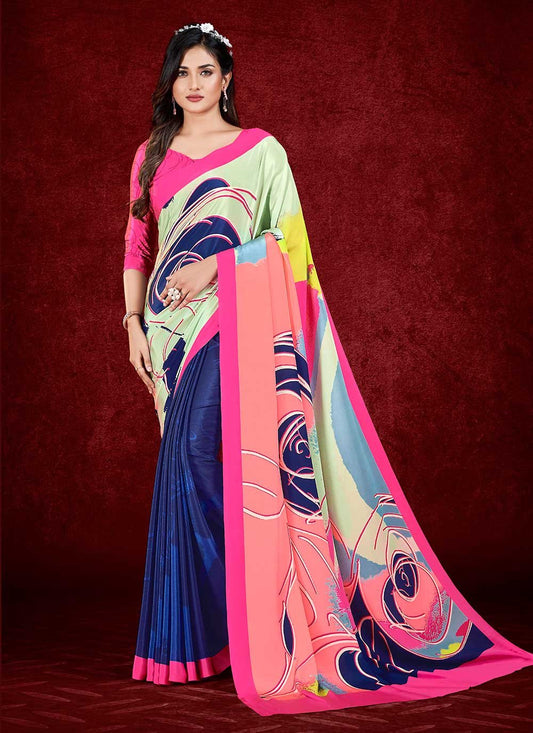 Classic Faux Crepe Multi Colour Print Saree