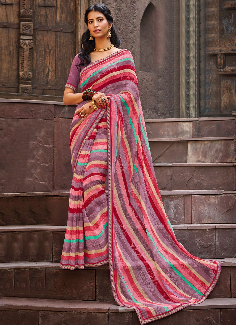 Trendy Saree Chiffon Multi Colour Fancy Work Saree