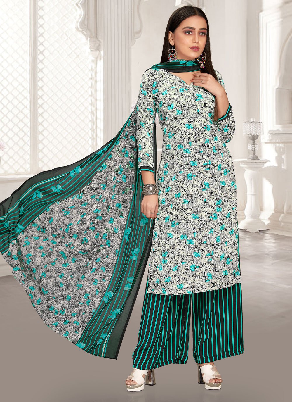 Palazzo Salwar Suit Faux Crepe Multi Colour Floral Patch Salwar Kameez