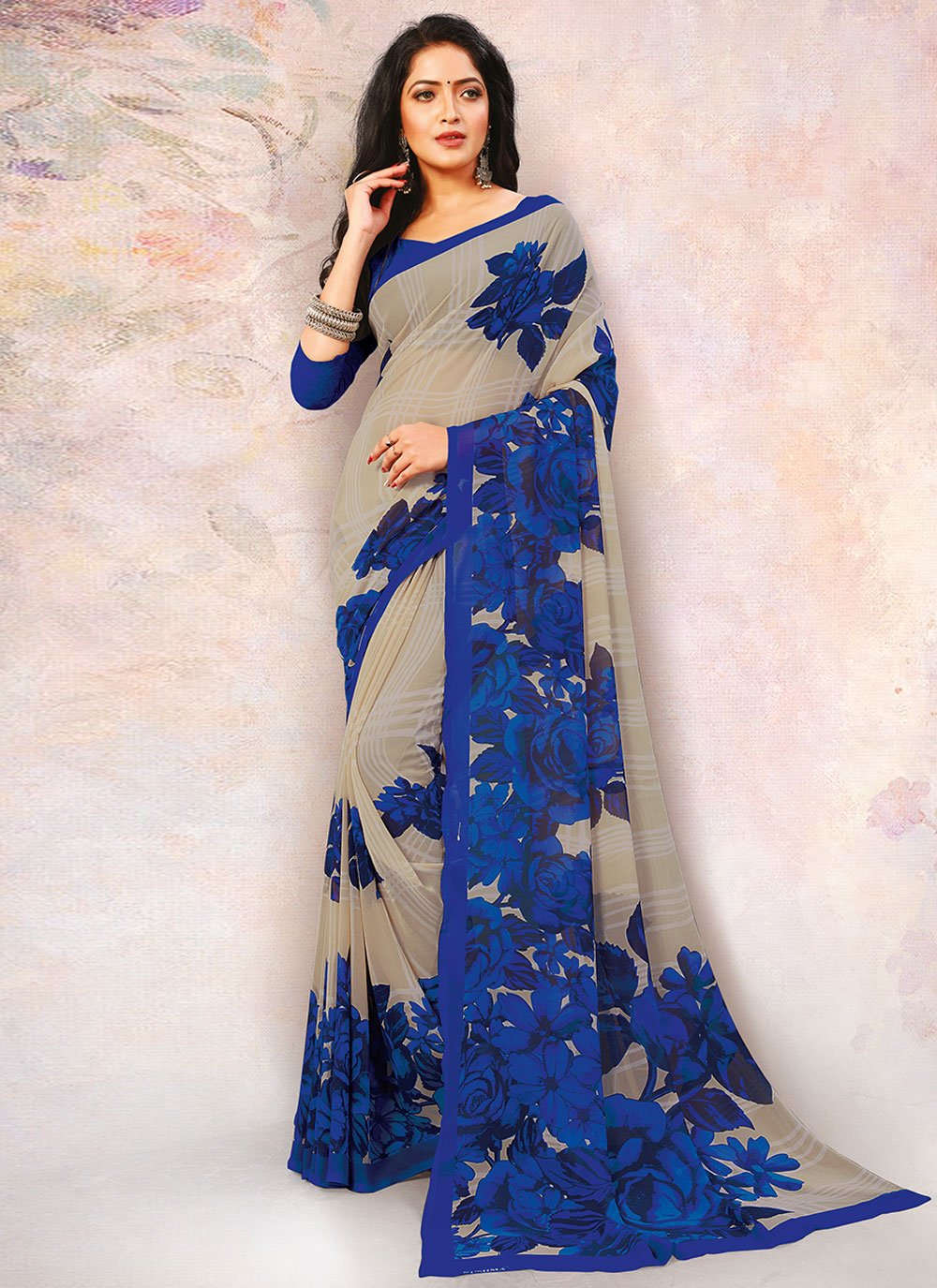 Classic Georgette Multi Colour Floral Patch Saree