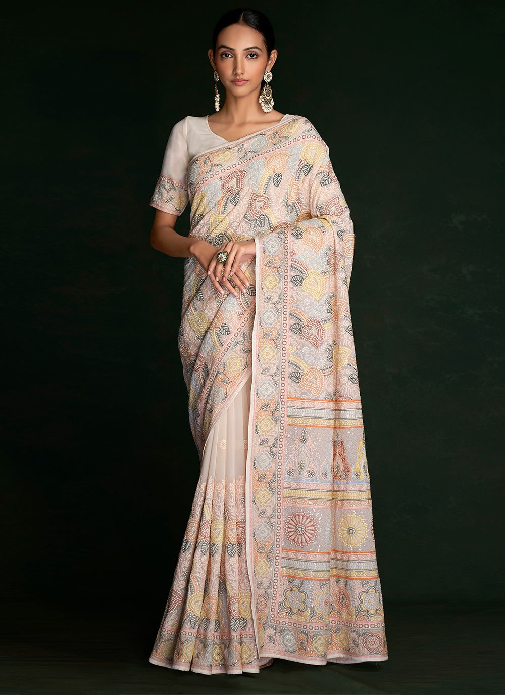 Trendy Saree Georgette Multi Colour Lucknowi Work Saree