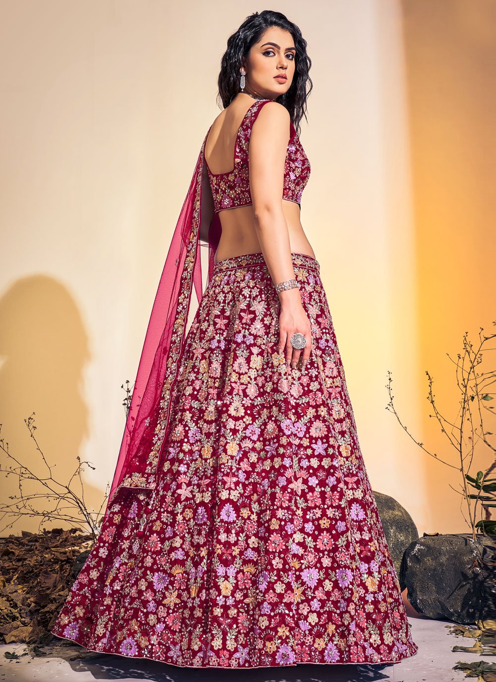 A Line Lehenga Net Multi Colour Hand Work Lehenga Choli