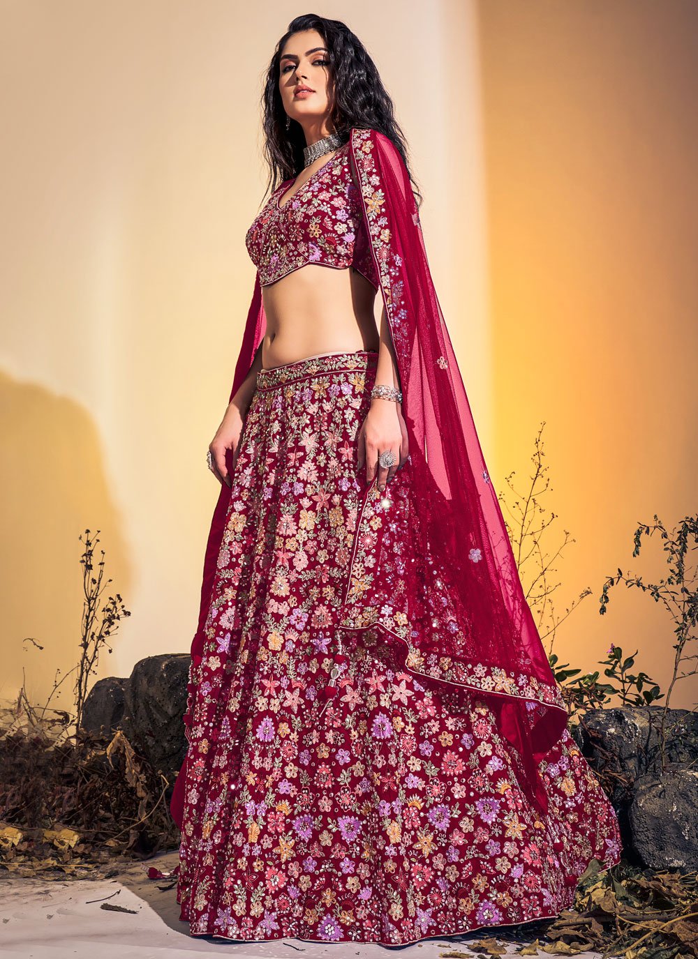 A Line Lehenga Net Multi Colour Hand Work Lehenga Choli