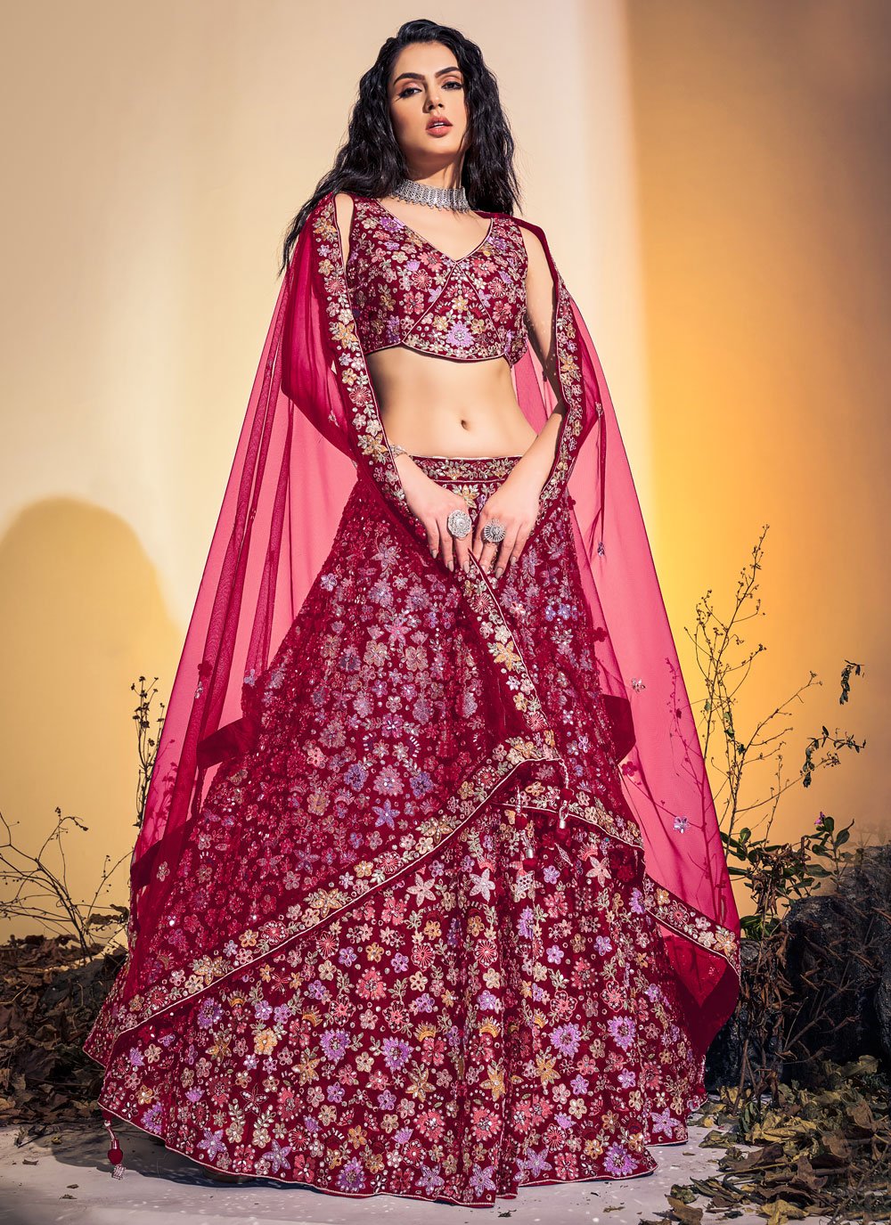 A Line Lehenga Net Multi Colour Hand Work Lehenga Choli