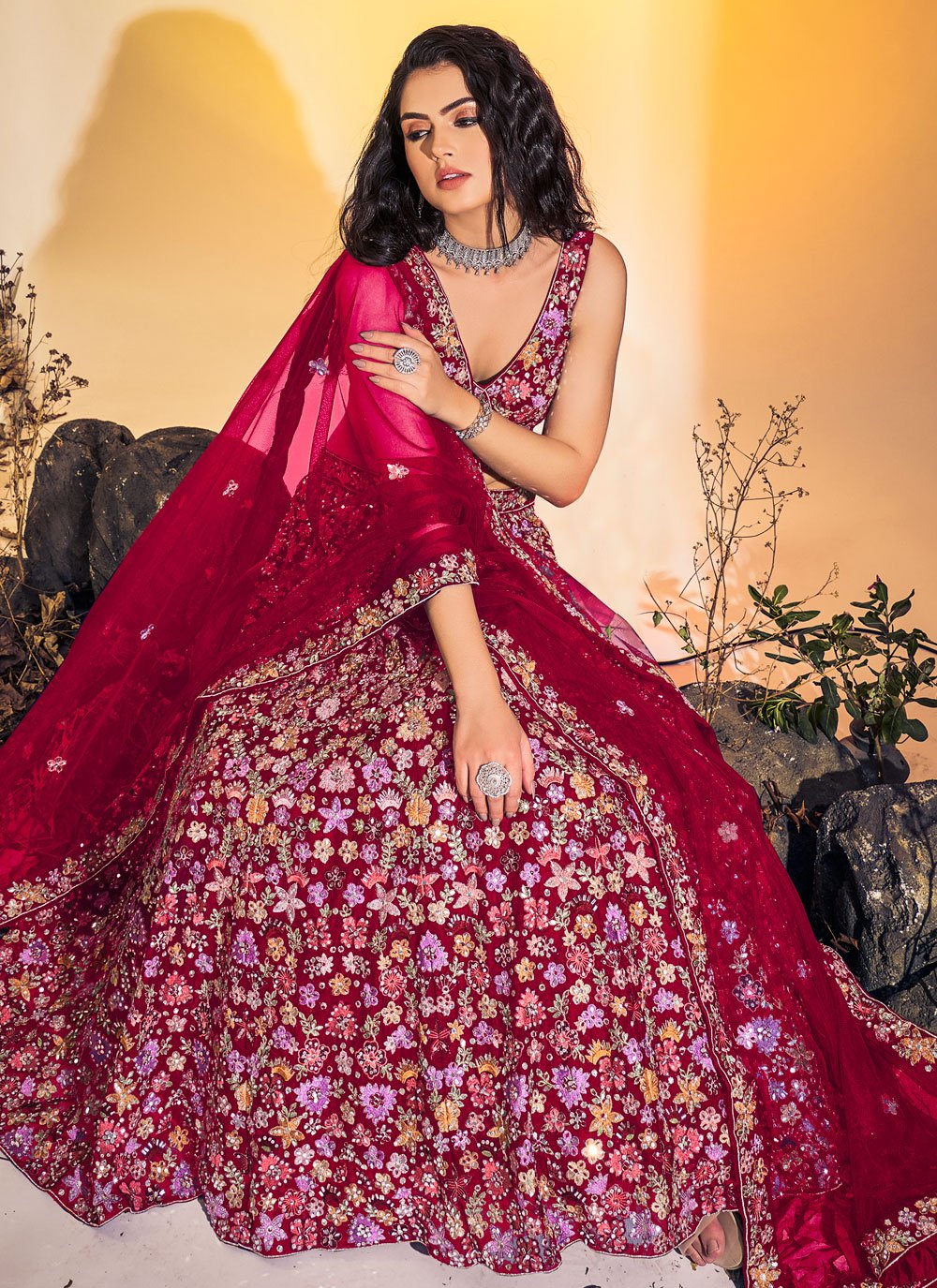 A Line Lehenga Net Multi Colour Hand Work Lehenga Choli