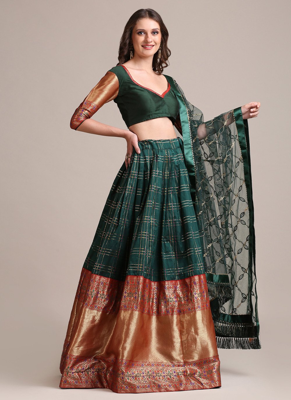 Lehenga Choli Jacquard Silk Multi Colour Strips Print Lehenga Choli