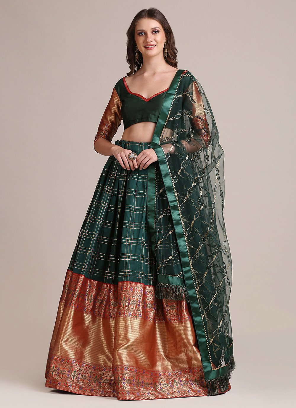 Lehenga Choli Jacquard Silk Multi Colour Strips Print Lehenga Choli