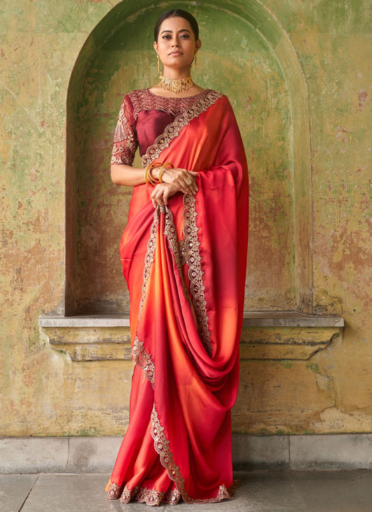 Contemporary Satin Multi Colour Embroidered Saree