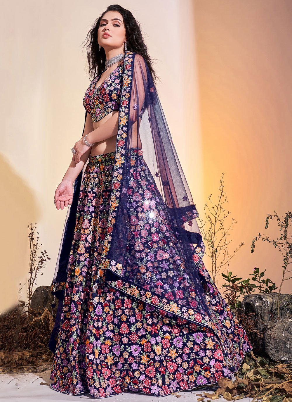 Lehenga Choli Net Multi Colour Hand Work Lehenga Choli