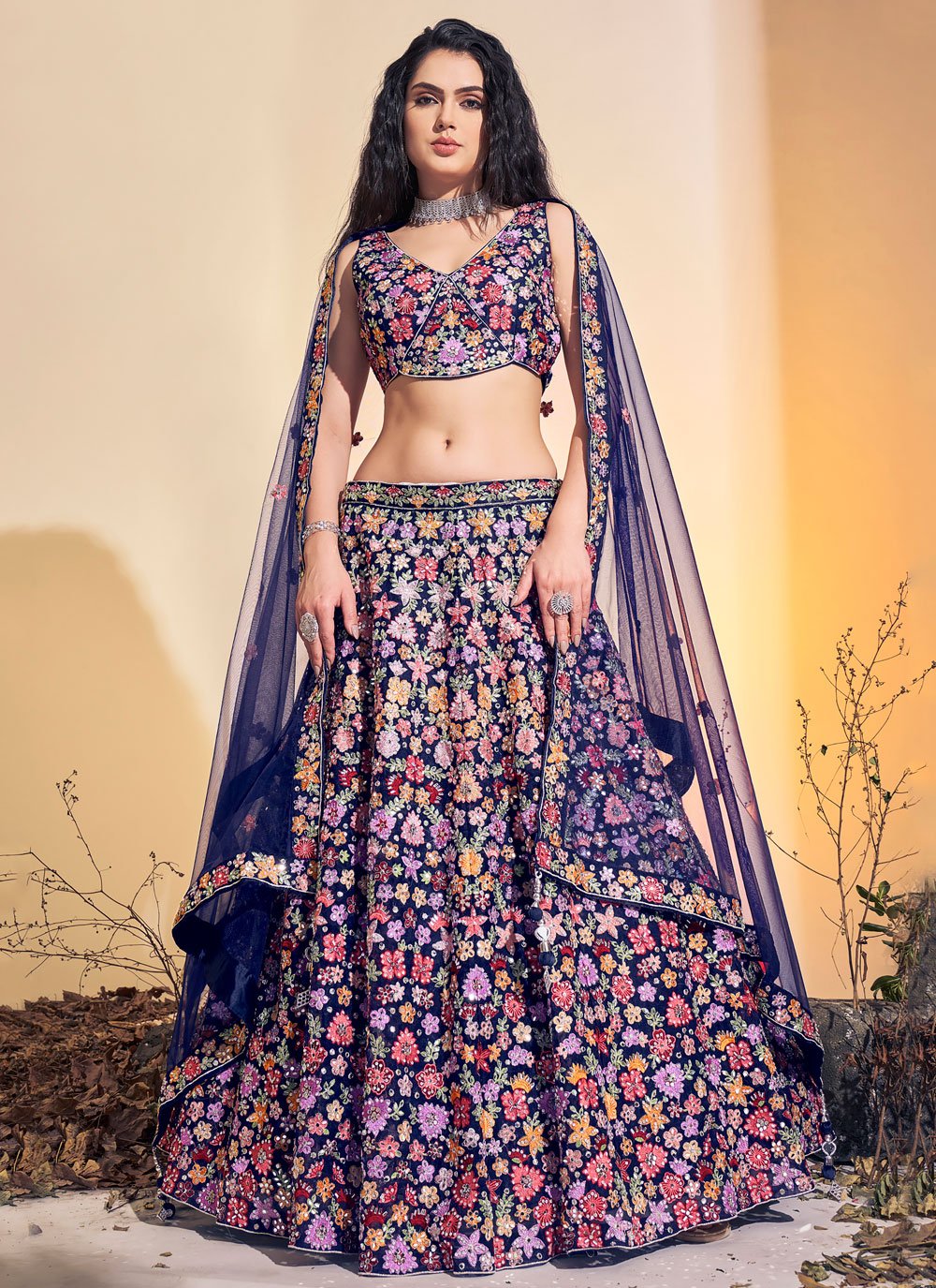 Lehenga Choli Net Multi Colour Hand Work Lehenga Choli