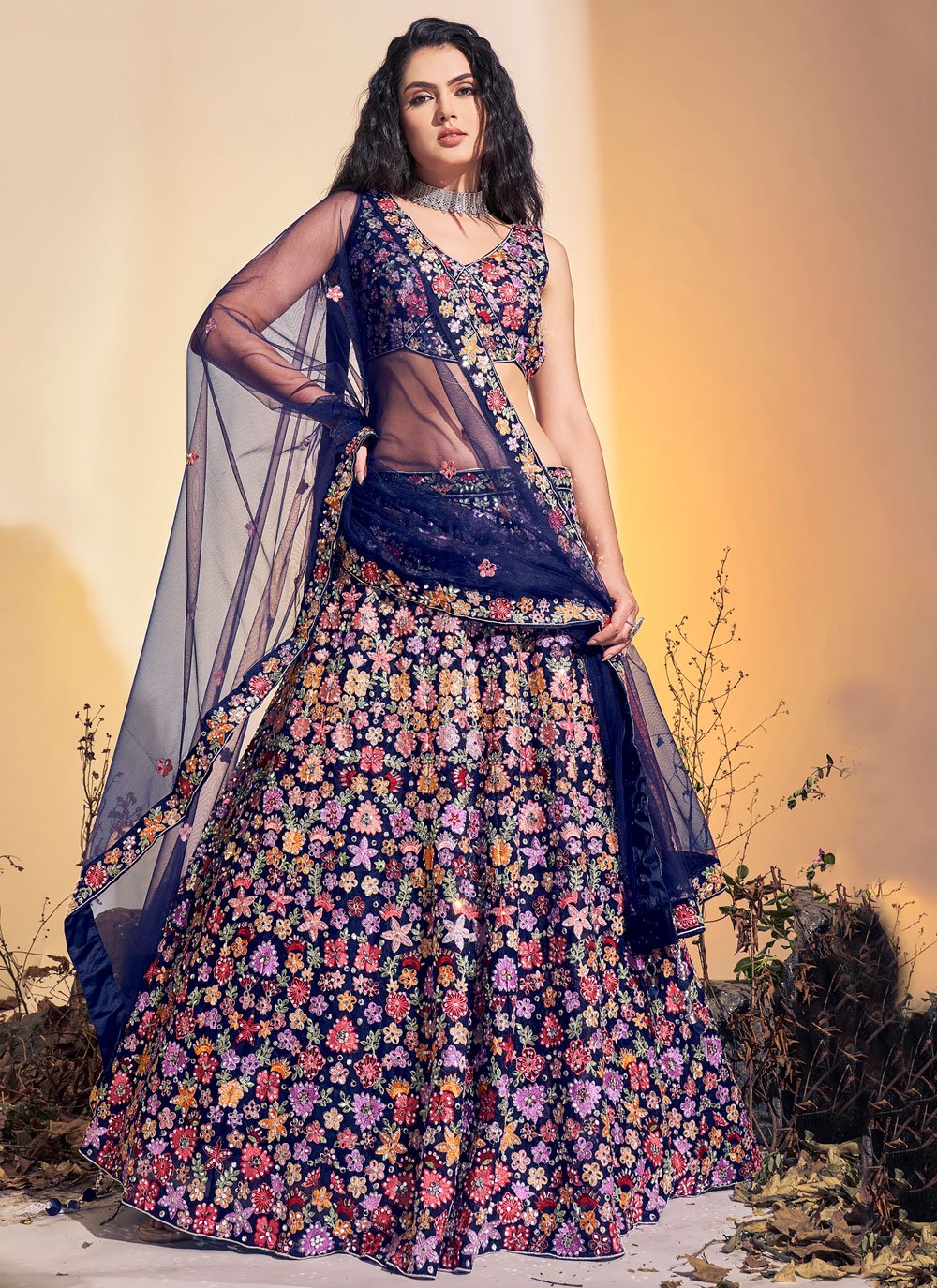 Lehenga Choli Net Multi Colour Hand Work Lehenga Choli