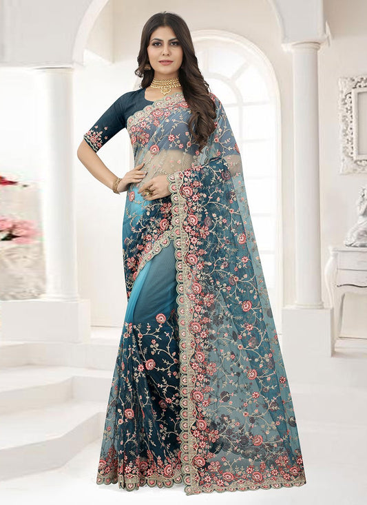 Traditional Saree Net Multi Colour Embroidered Saree