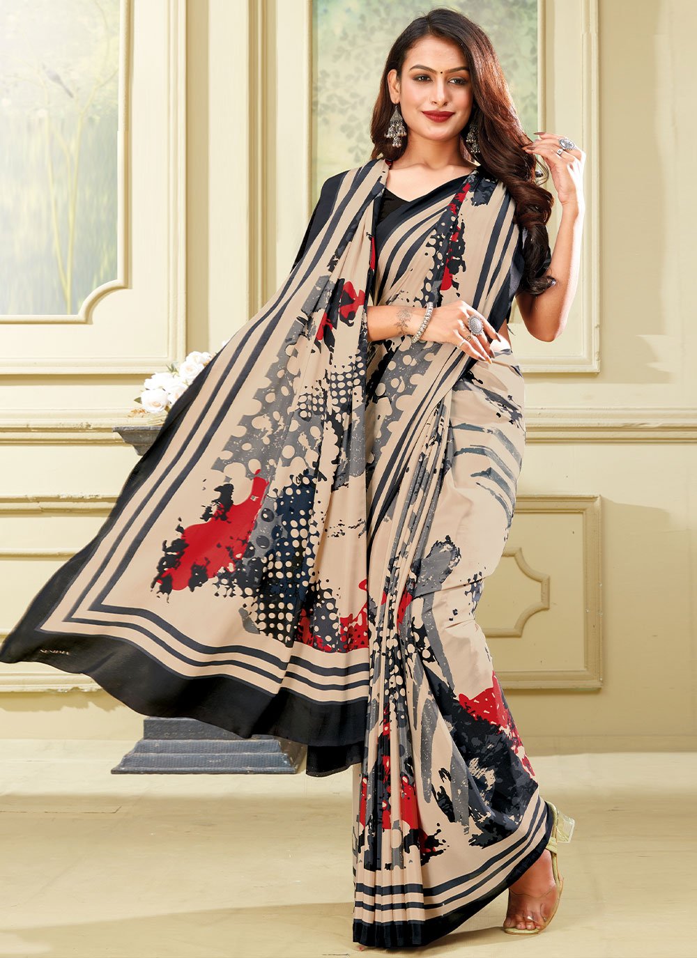 Contemporary Faux Crepe Multi Colour Print Saree