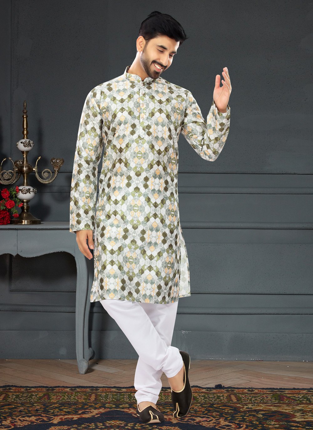 Kurta Pyjama Silk Multi Colour Digital Print Mens