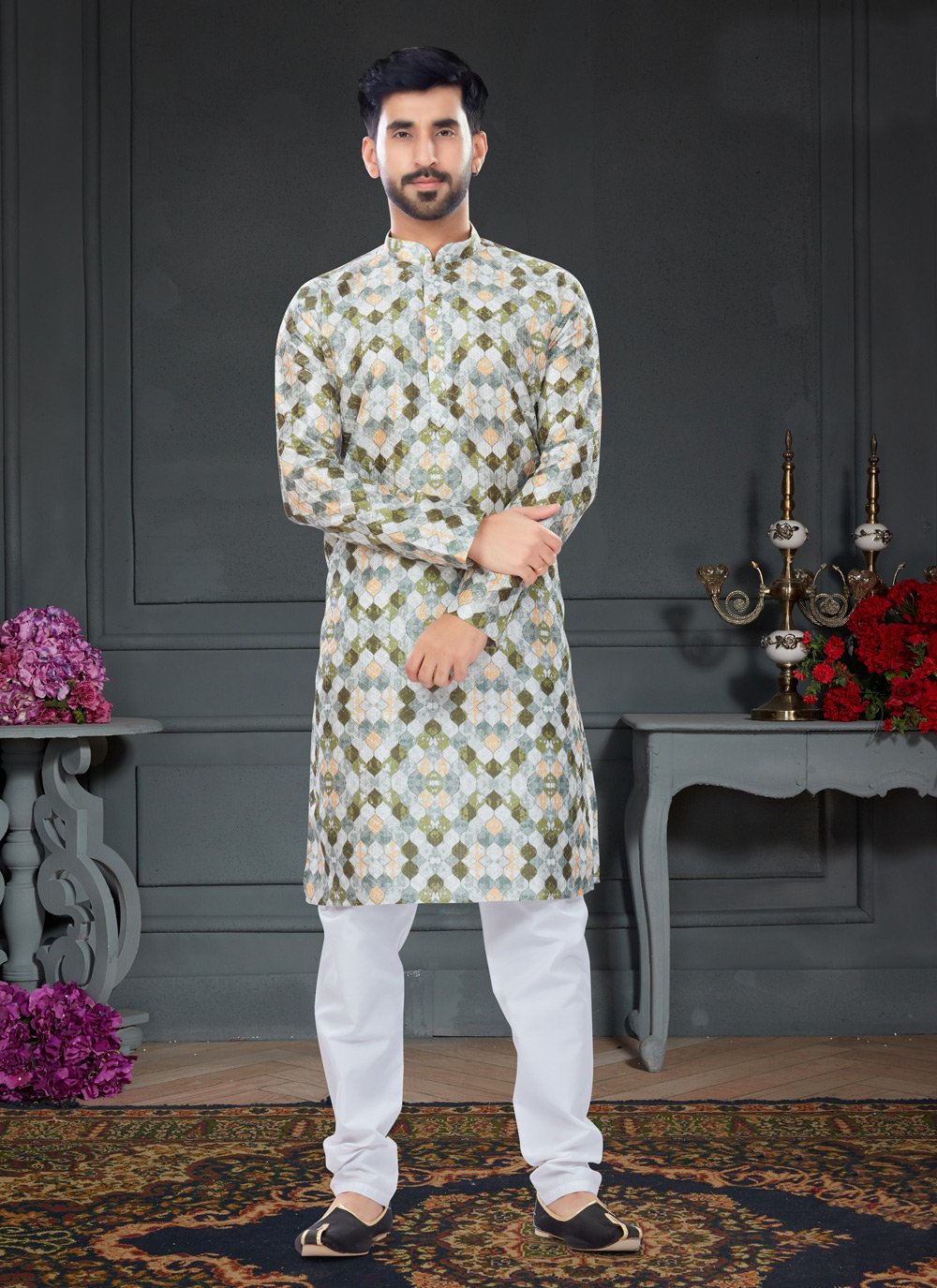 Kurta Pyjama Silk Multi Colour Digital Print Mens