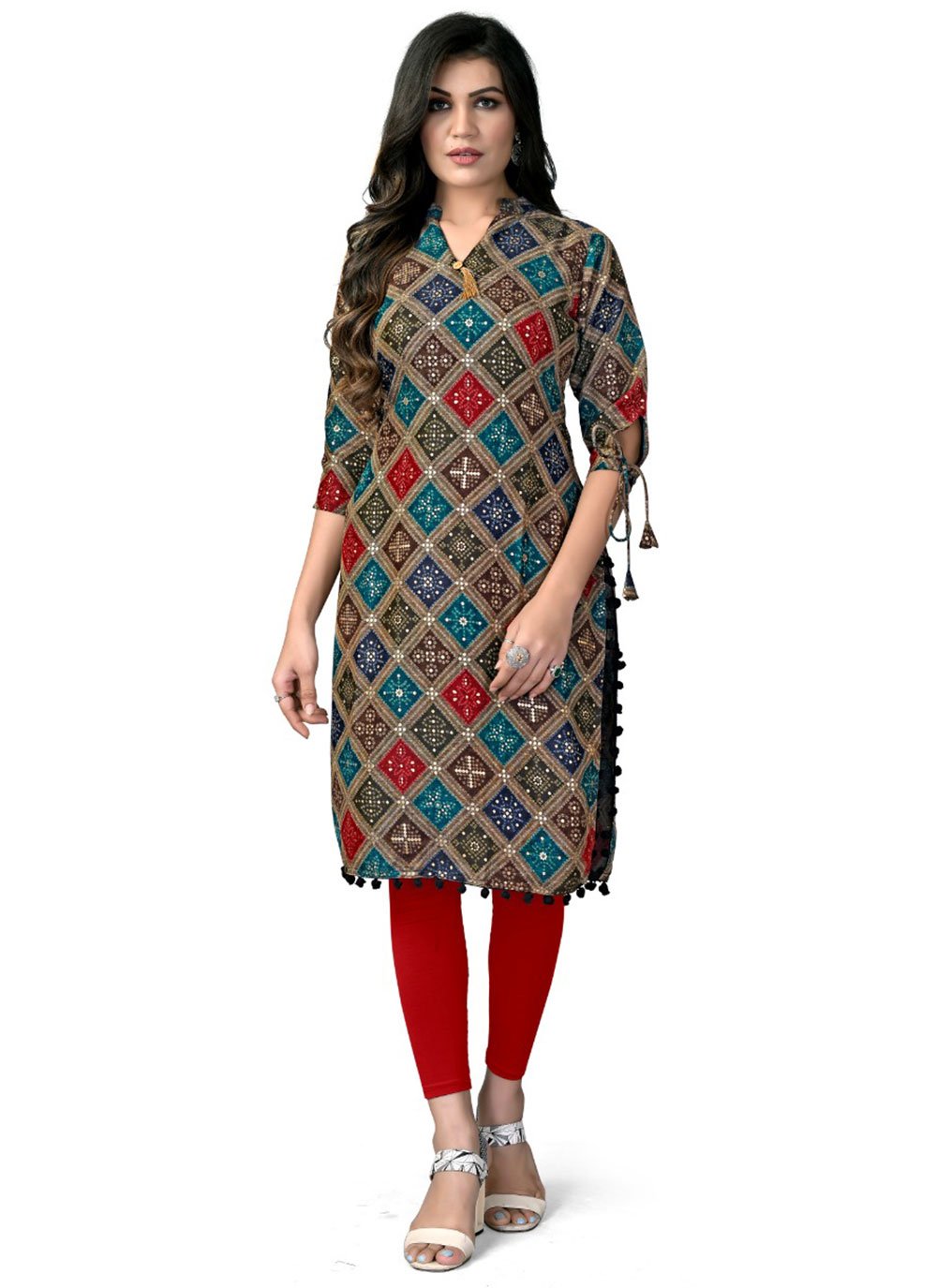 Designer Kurti Rayon Multi Colour Foil Print Kurtis