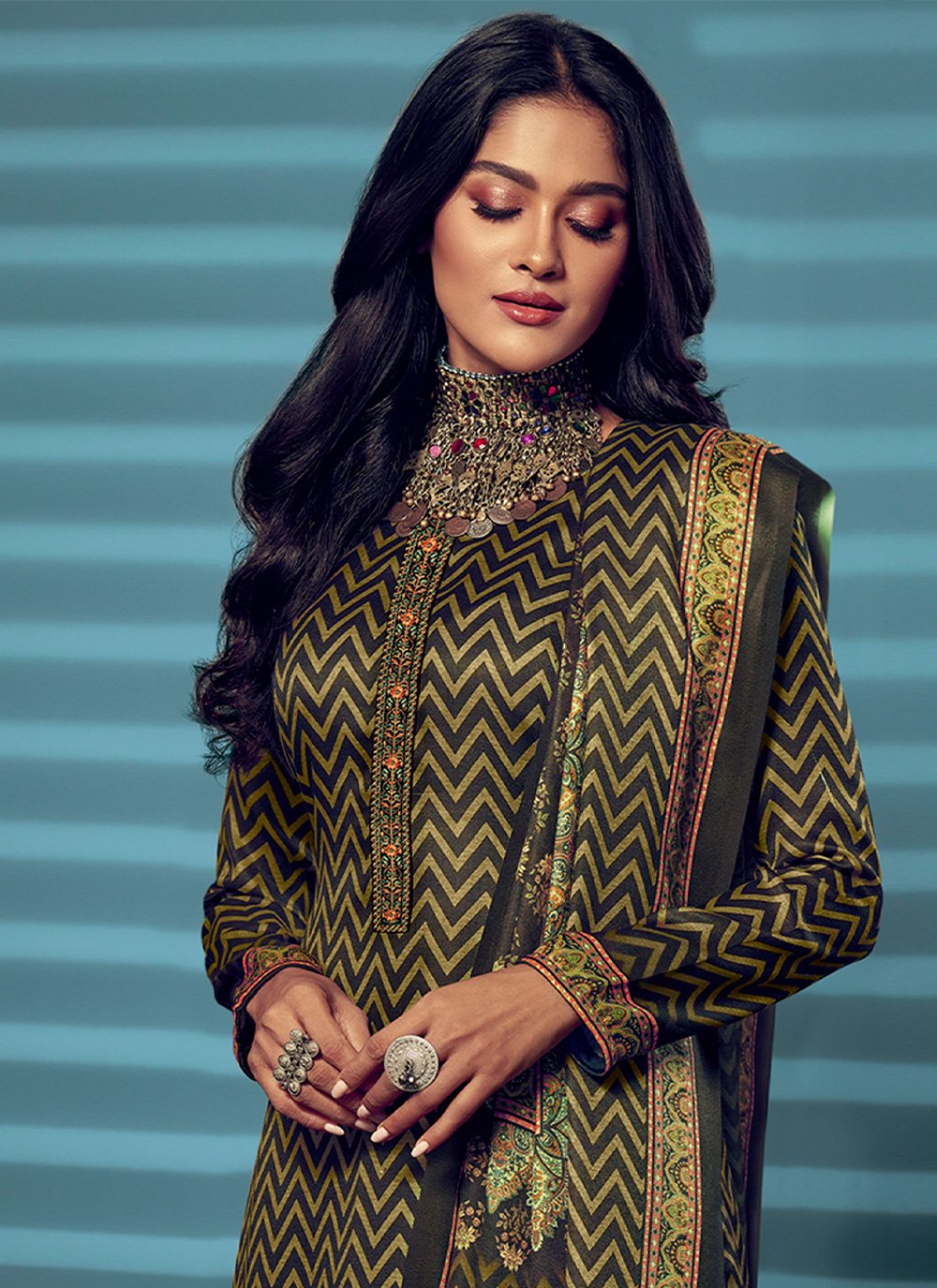 Palazzo Salwar Suit Pashmina Multi Colour Digital Print Salwar Kameez