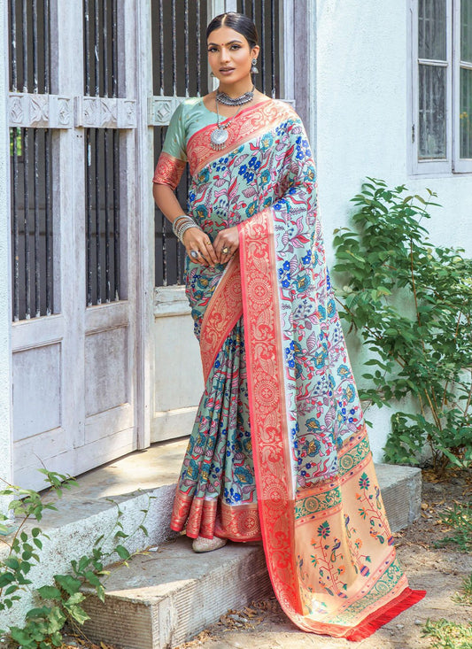 Designer Banarasi Silk Multi Colour Patch Border Saree