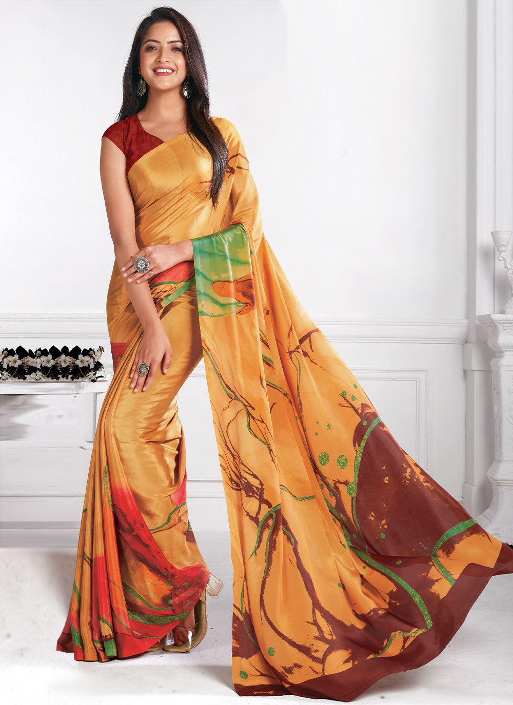 Casual Faux Crepe Multi Colour Print Saree