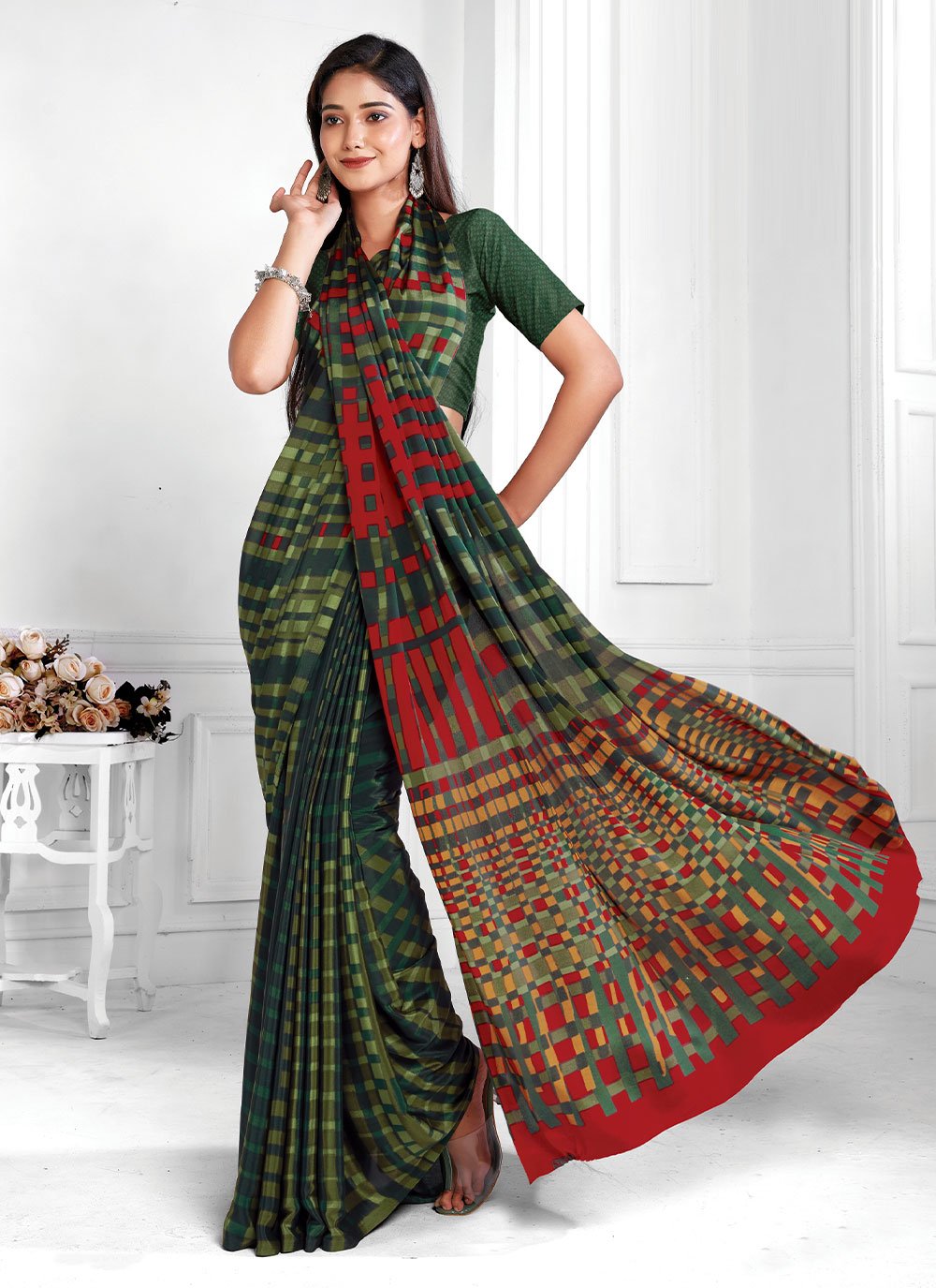 Classic Faux Crepe Multi Colour Print Saree