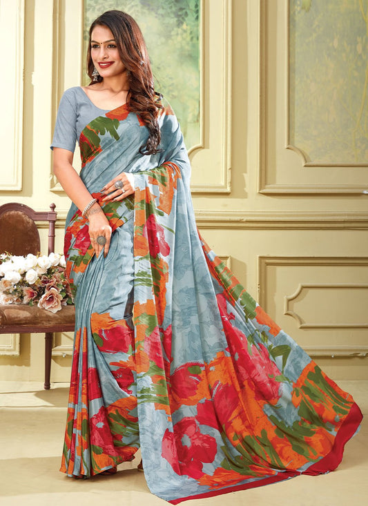 Classic Faux Crepe Multi Colour Print Saree