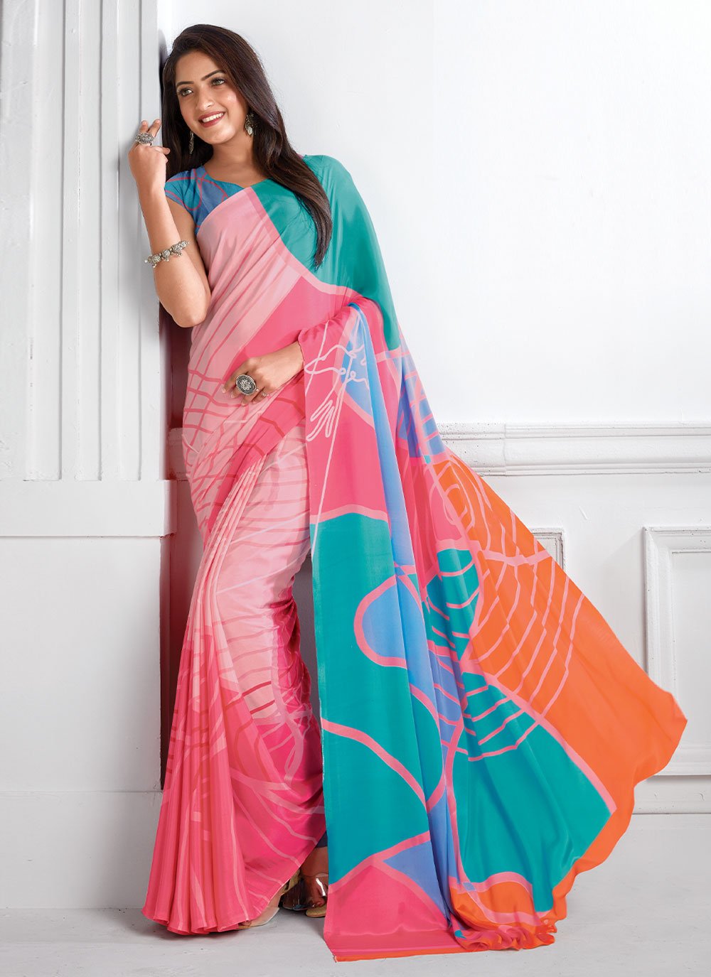 Casual Faux Crepe Multi Colour Print Saree