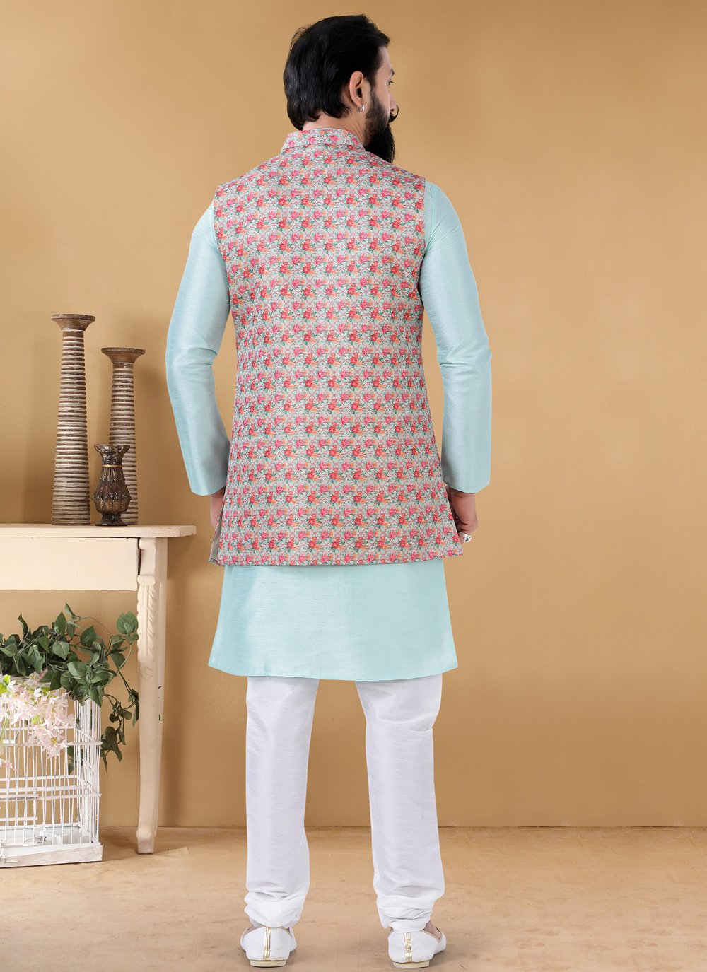Nehru Jackets Jacquard Silk Multi Colour Print Mens