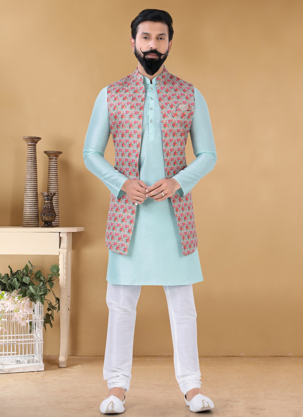 Nehru Jackets Jacquard Silk Multi Colour Print Mens