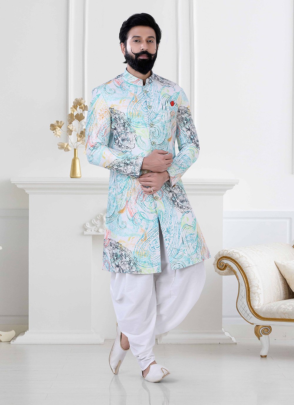 Indo Western Velvet Multi Colour Print Mens