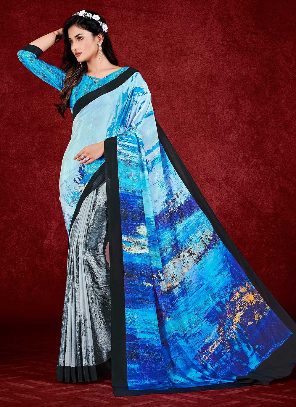 Trendy Saree Faux Crepe Multi Colour Print Saree