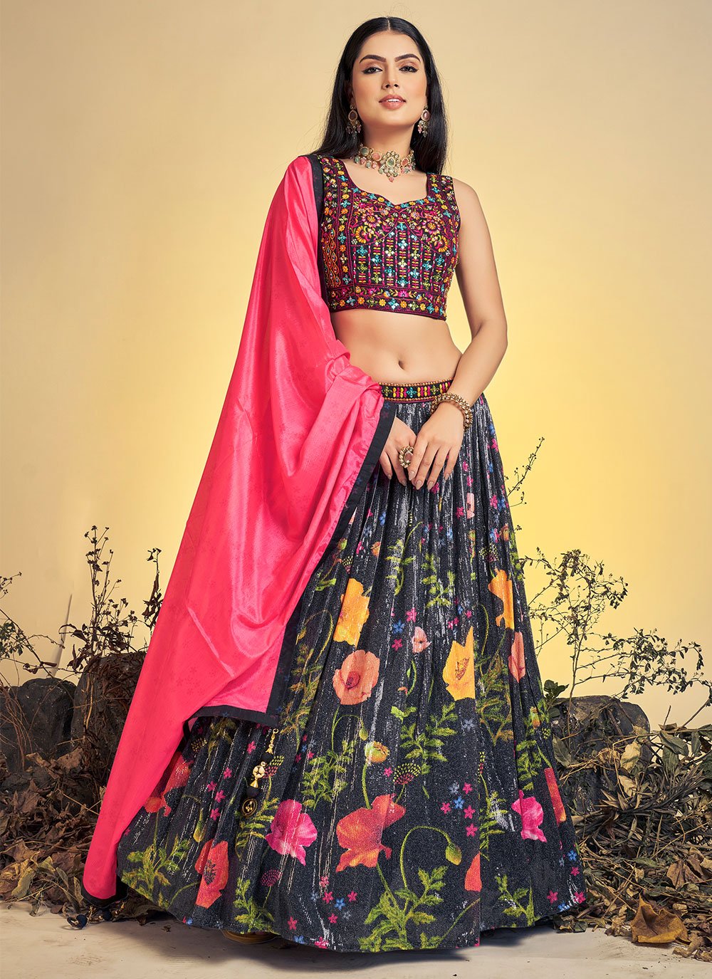 Lehenga Choli Chinon Silk Multi Colour Print Lehenga Choli