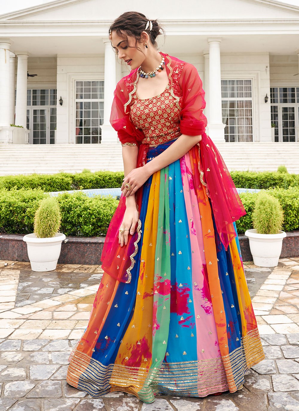 A Line Lehenga Faux Georgette Multi Colour Embroidered Lehenga Choli