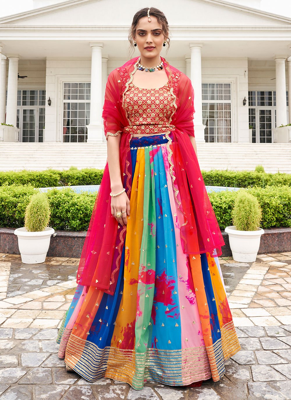 A Line Lehenga Faux Georgette Multi Colour Embroidered Lehenga Choli