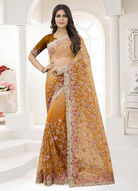 Designer Net Multi Colour Embroidered Saree