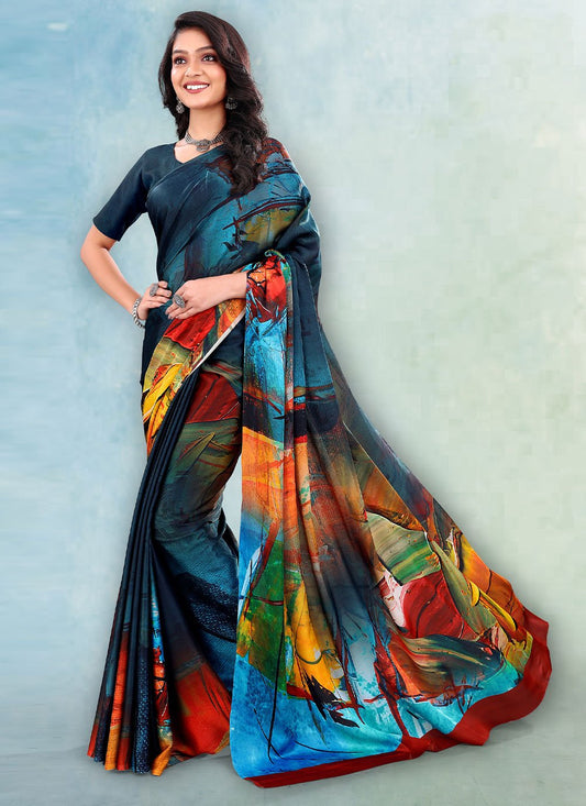 Trendy Saree Satin Multi Colour Digital Print Saree