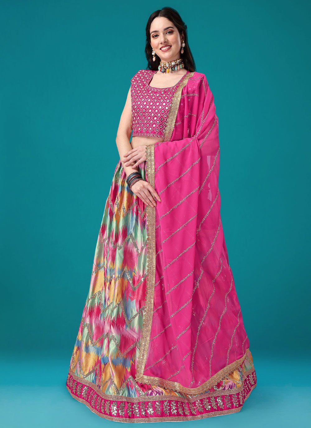 Lehenga Choli Satin Silk Multi Colour Digital Print Lehenga Choli