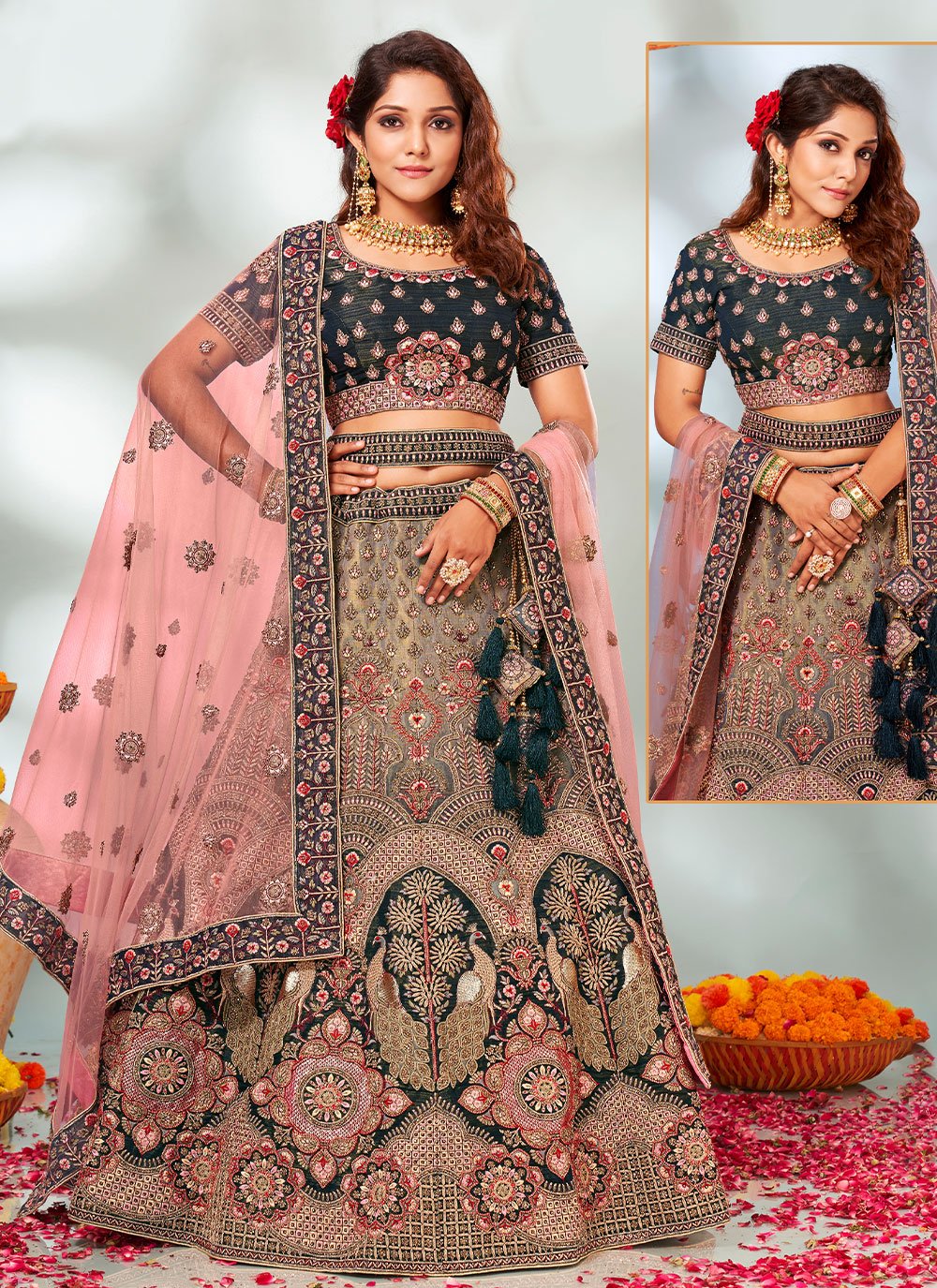 Lehenga Choli Velvet Multi Colour Embroidered Lehenga Choli