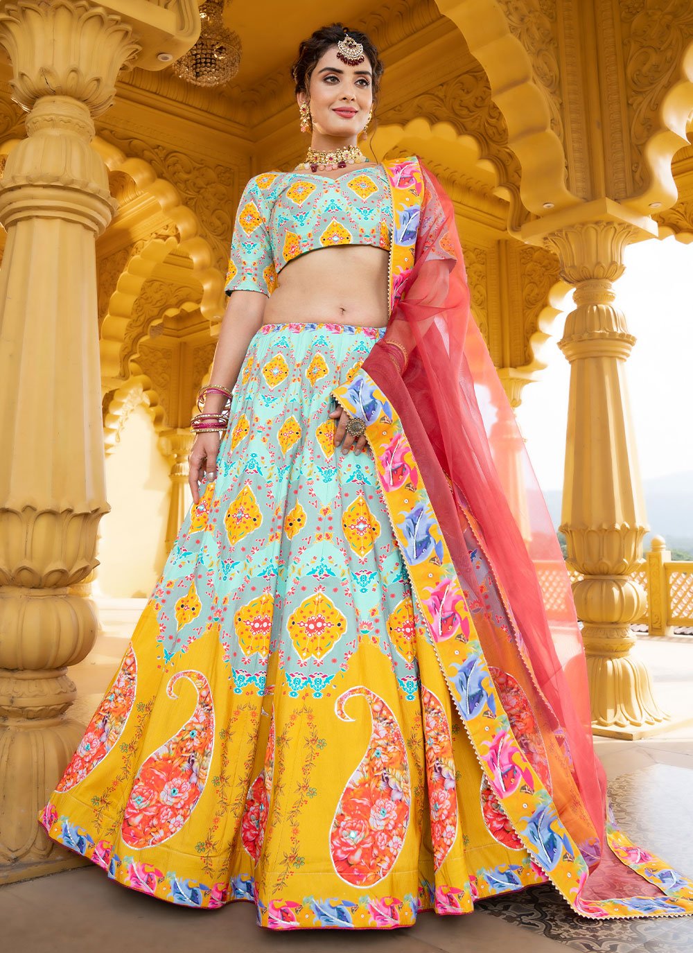 A Line Lehenga Silk Multi Colour Gota Work Lehenga Choli