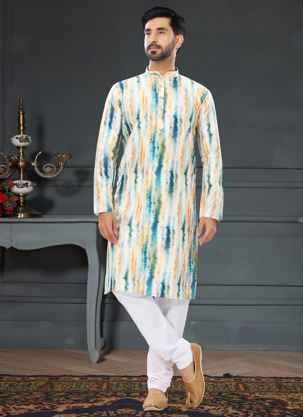 Kurta Pyjama Silk Multi Colour Digital Print Mens