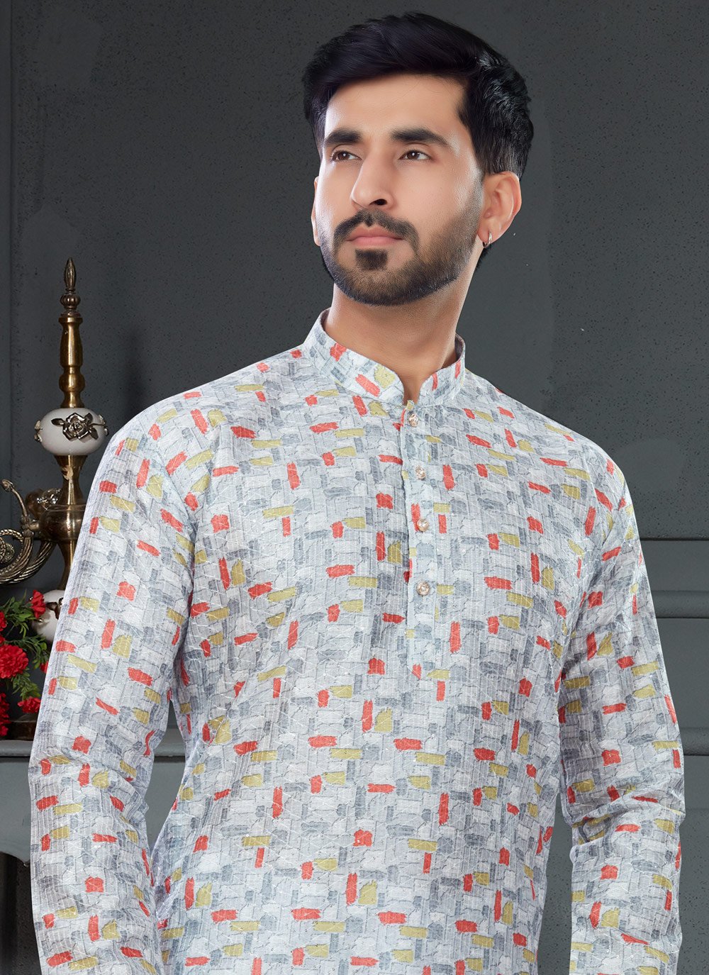 Kurta Pyjama Silk Multi Colour Digital Print Mens