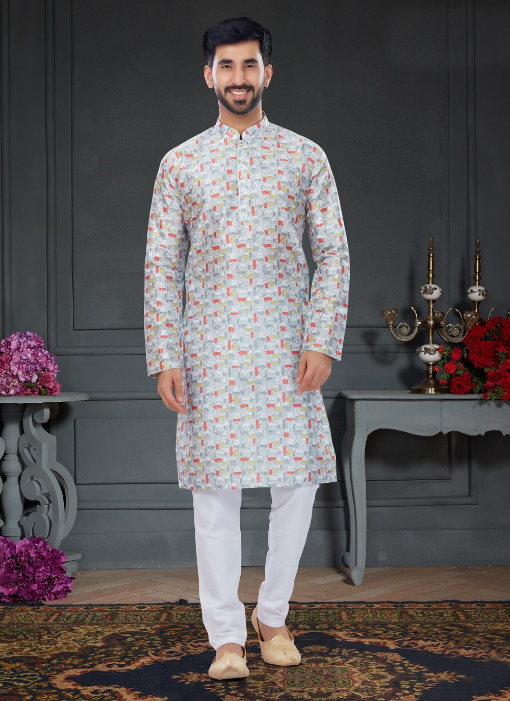 Kurta Pyjama Silk Multi Colour Digital Print Mens