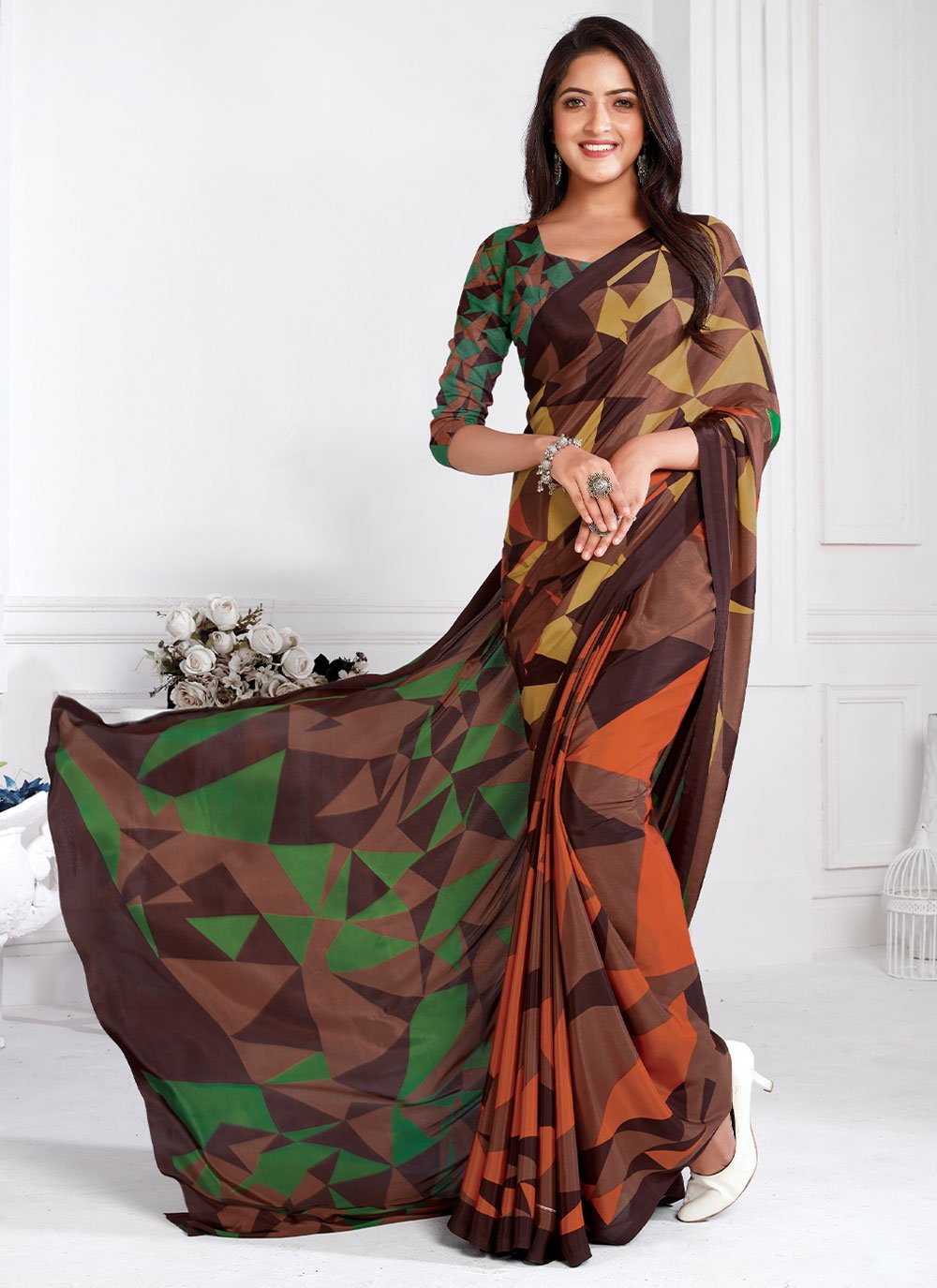 Trendy Saree Faux Crepe Multi Colour Print Saree