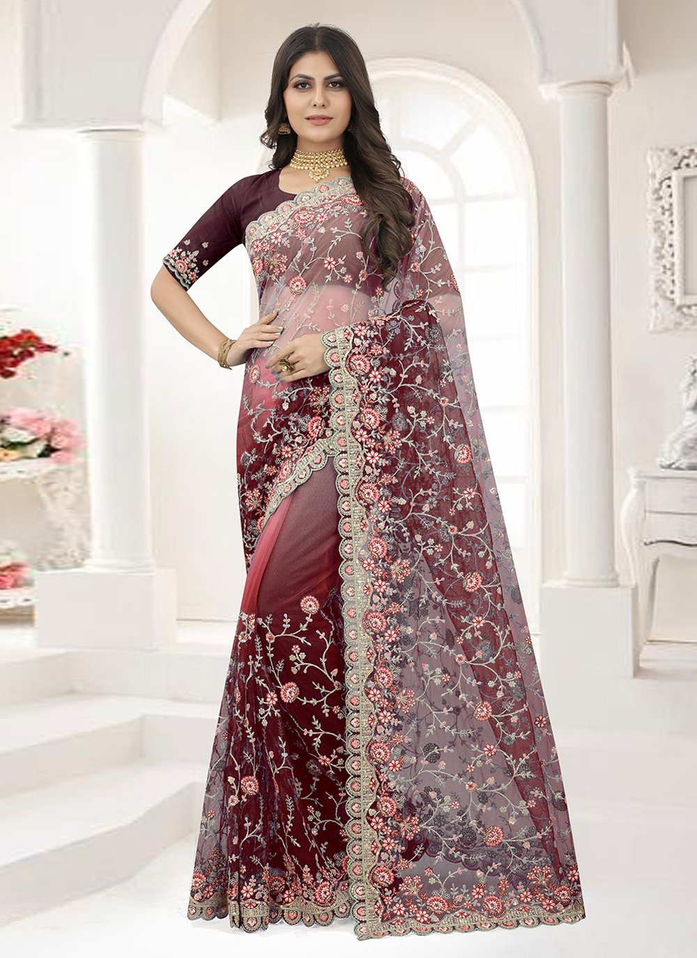 Trendy Saree Net Multi Colour Embroidered Saree