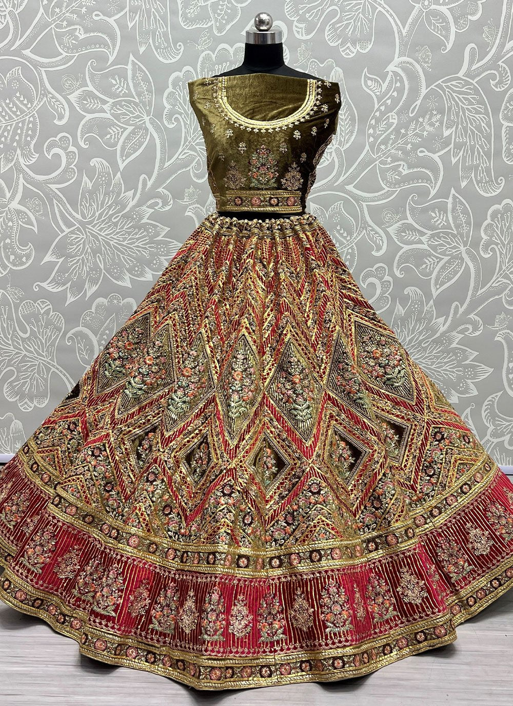 A Line Lehenga Velvet Multi Colour Diamond Lehenga Choli