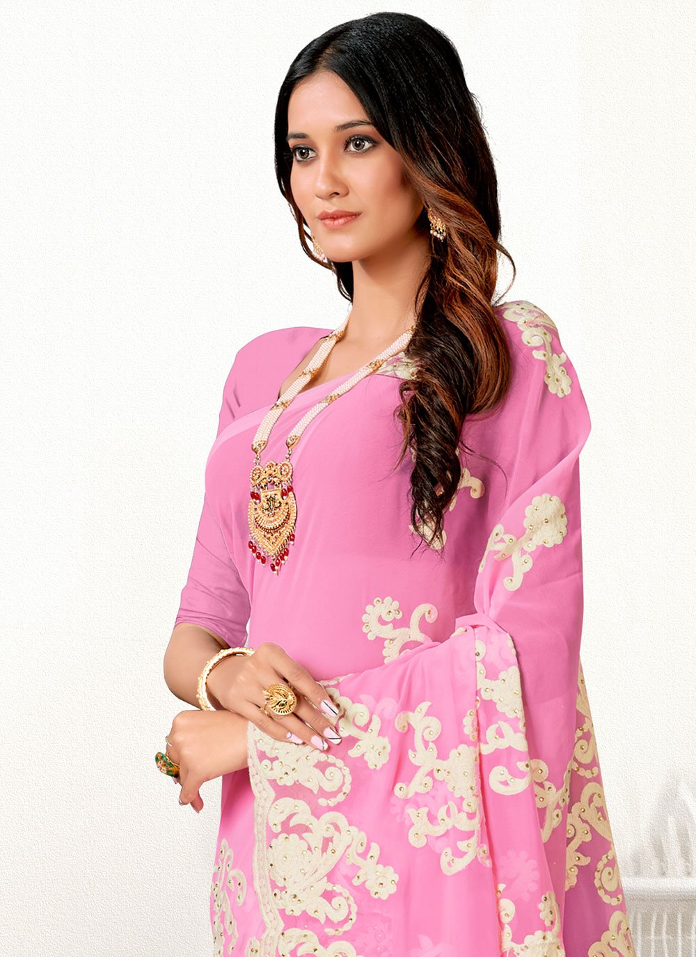 Trendy Saree Georgette Pink Embroidered Saree